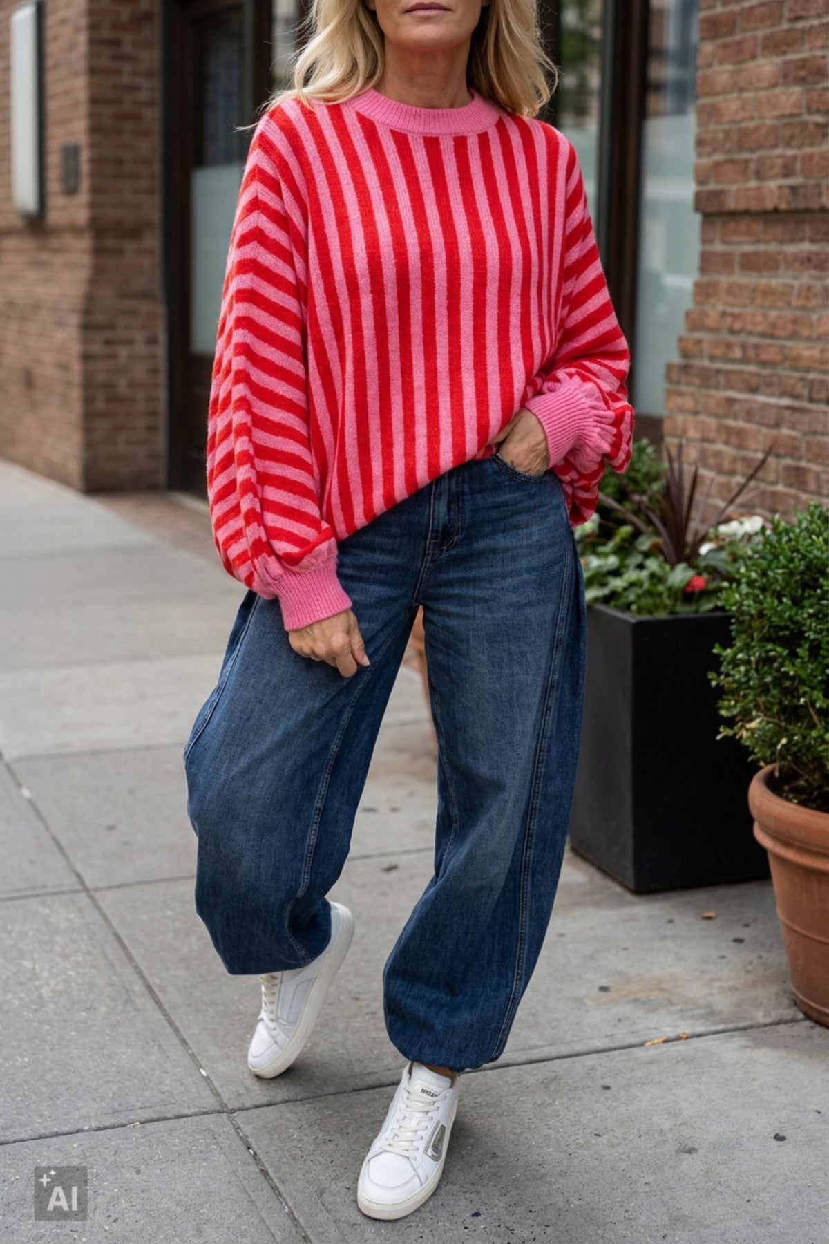 Gestreifter Strickpulli mit Fledermausärmeln, rosa-rot