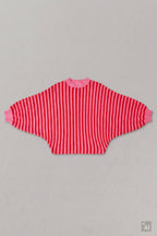 Gestreifter Strickpulli mit Fledermausärmeln, rosa-rot