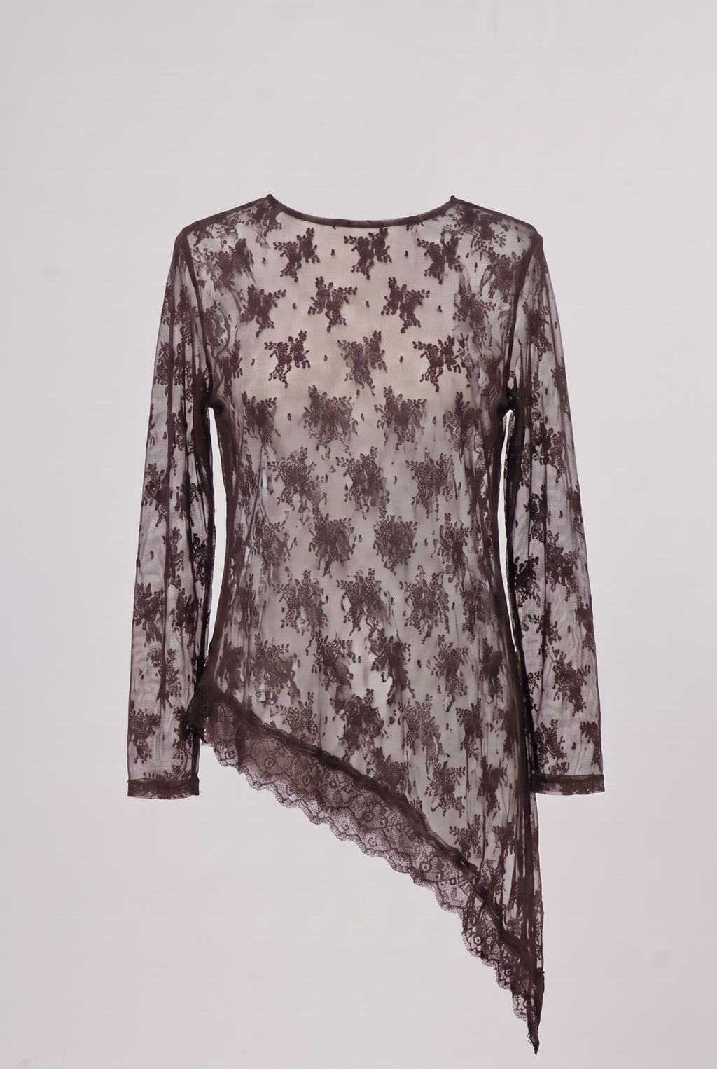 Asymmetrisches Spitzen-Langarmshirt, braun