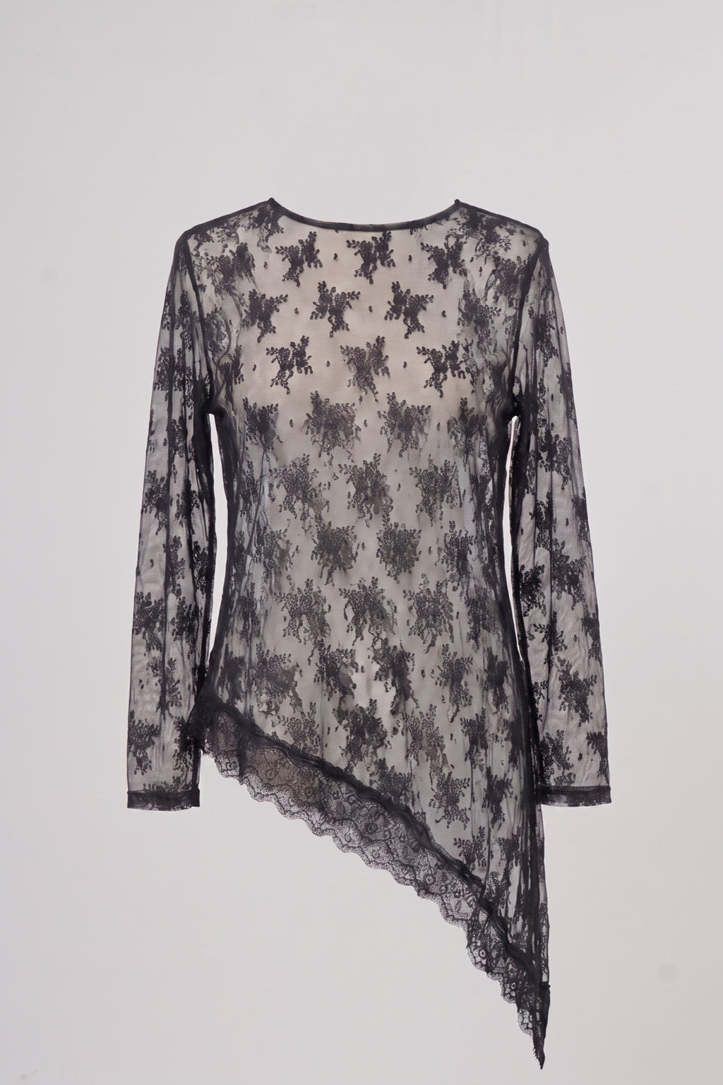 Asymmetrisches Spitzen-Langarmshirt, schwarz