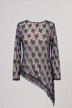 Asymmetrisches Spitzen-Langarmshirt, schwarz