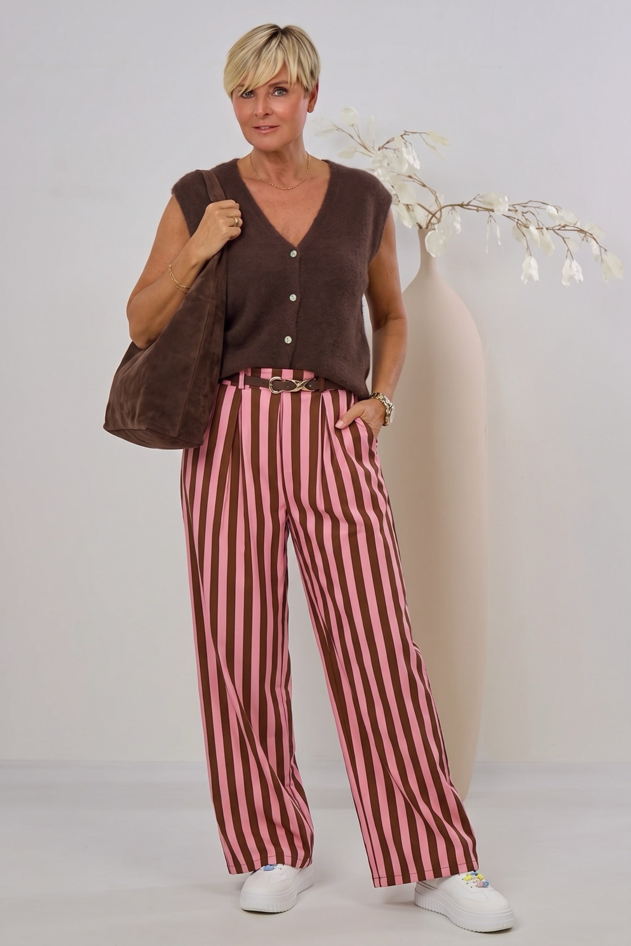 Striped Marlene trousers with elastic waistband, brown-pink