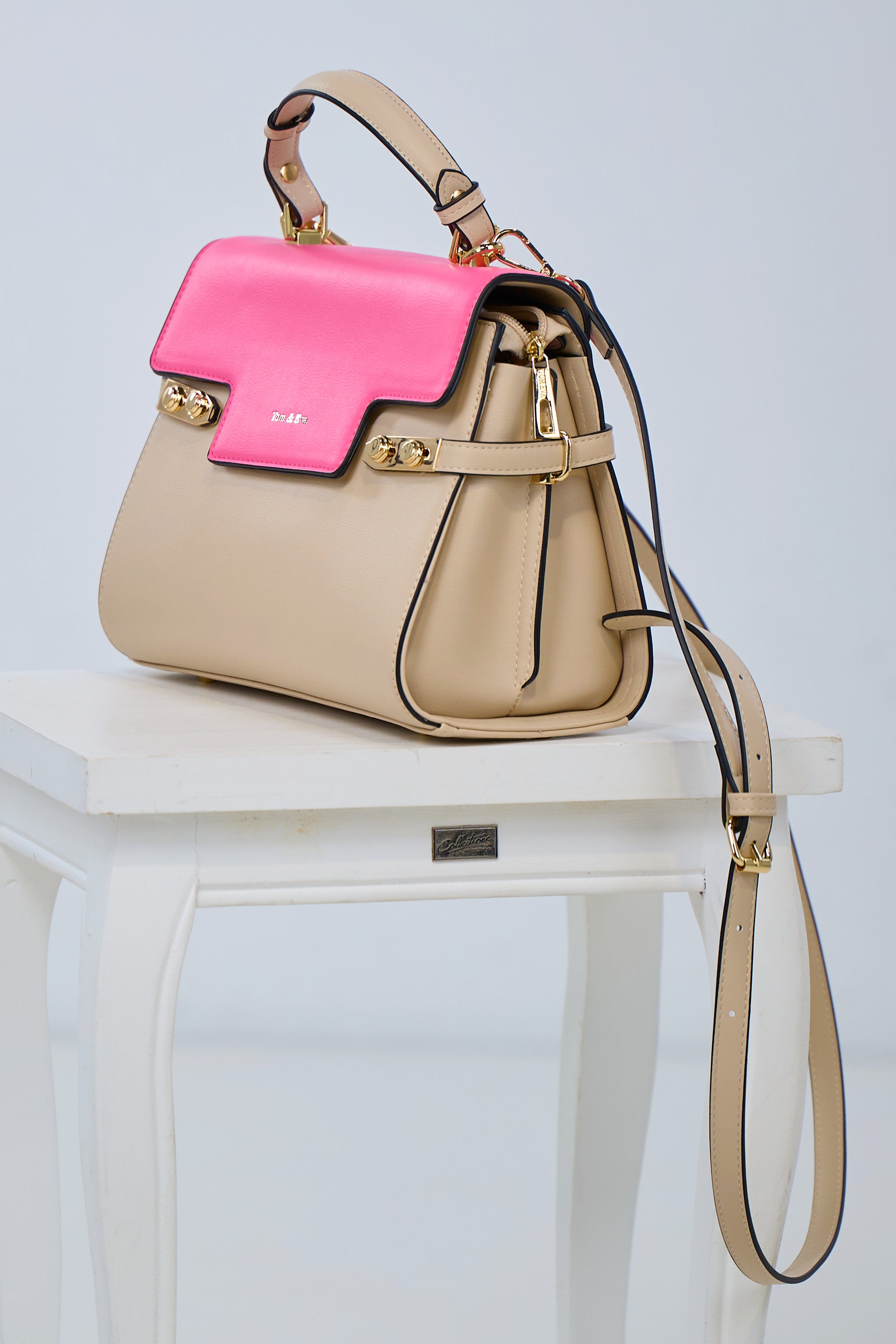 Handtasche, beige-pink-gold
