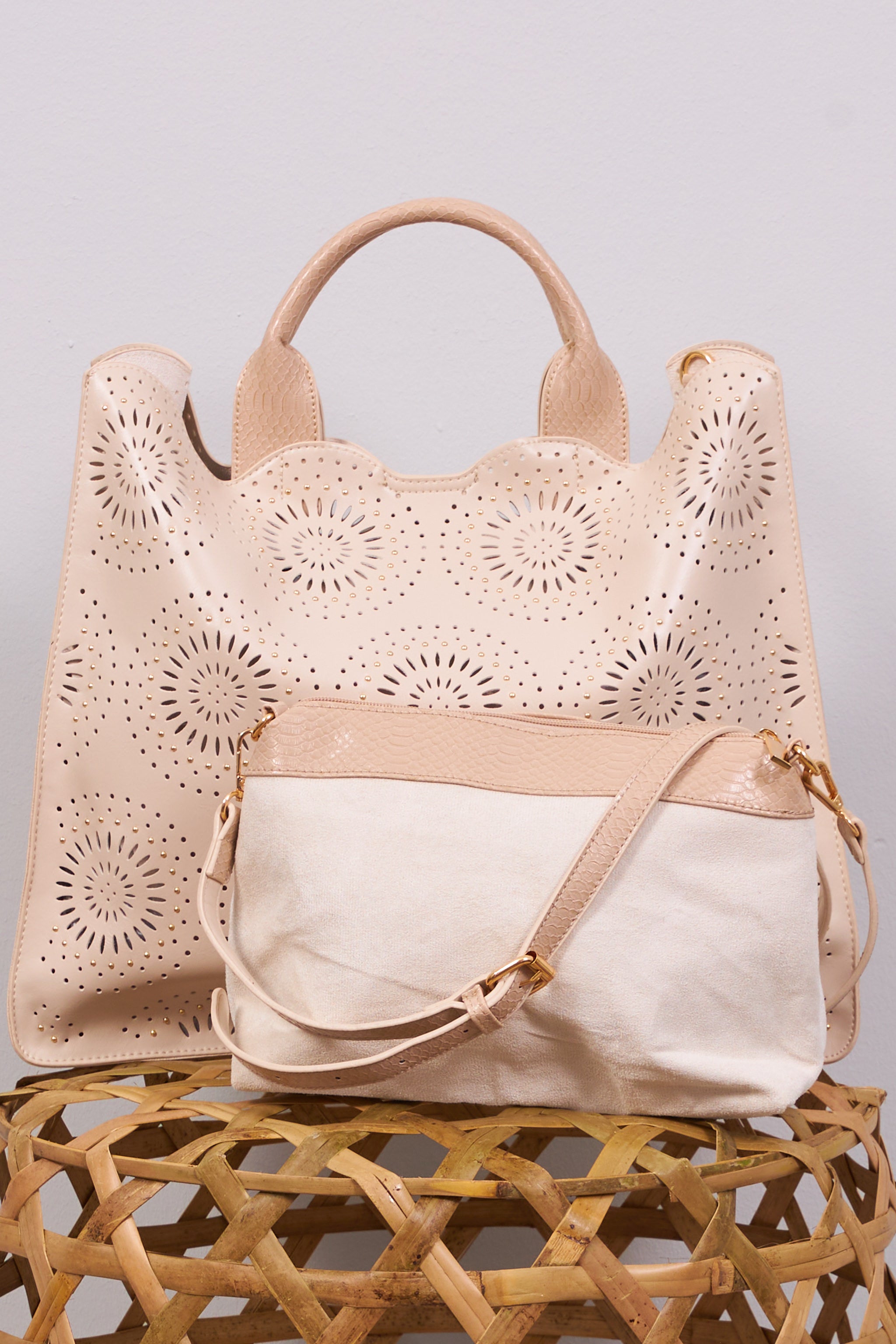 Shopper bag in bag with circle motif, beige